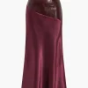 Satin Patchwork Faux Leather Asymmetrical Skirt>MICAS Fashion