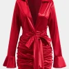 Satin Tie-Up Ruched Long Sleeve Mini Dress>MICAS Clearance