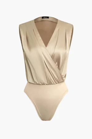 Satin V-neck Ruched Panelled Sleeveless Bodysuit>MICAS Clearance