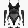 Sheer Mesh Belted Backless Bodysuit With Glove>MICAS Fashion