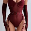 Sheer Mesh Belted Backless Bodysuit With Glove>MICAS Fashion