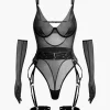 Sheer Mesh Belted Backless Bodysuit With Glove>MICAS Fashion