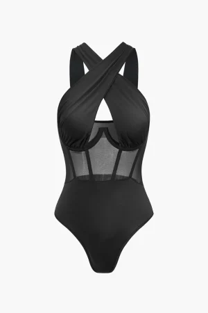 Sheer Mesh Patchwork Corset Bodysuit>MICAS Fashion