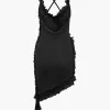 Sheer Mesh Ruffle Trim Asymmetrical Cross Backless Mini Dress>MICAS Online