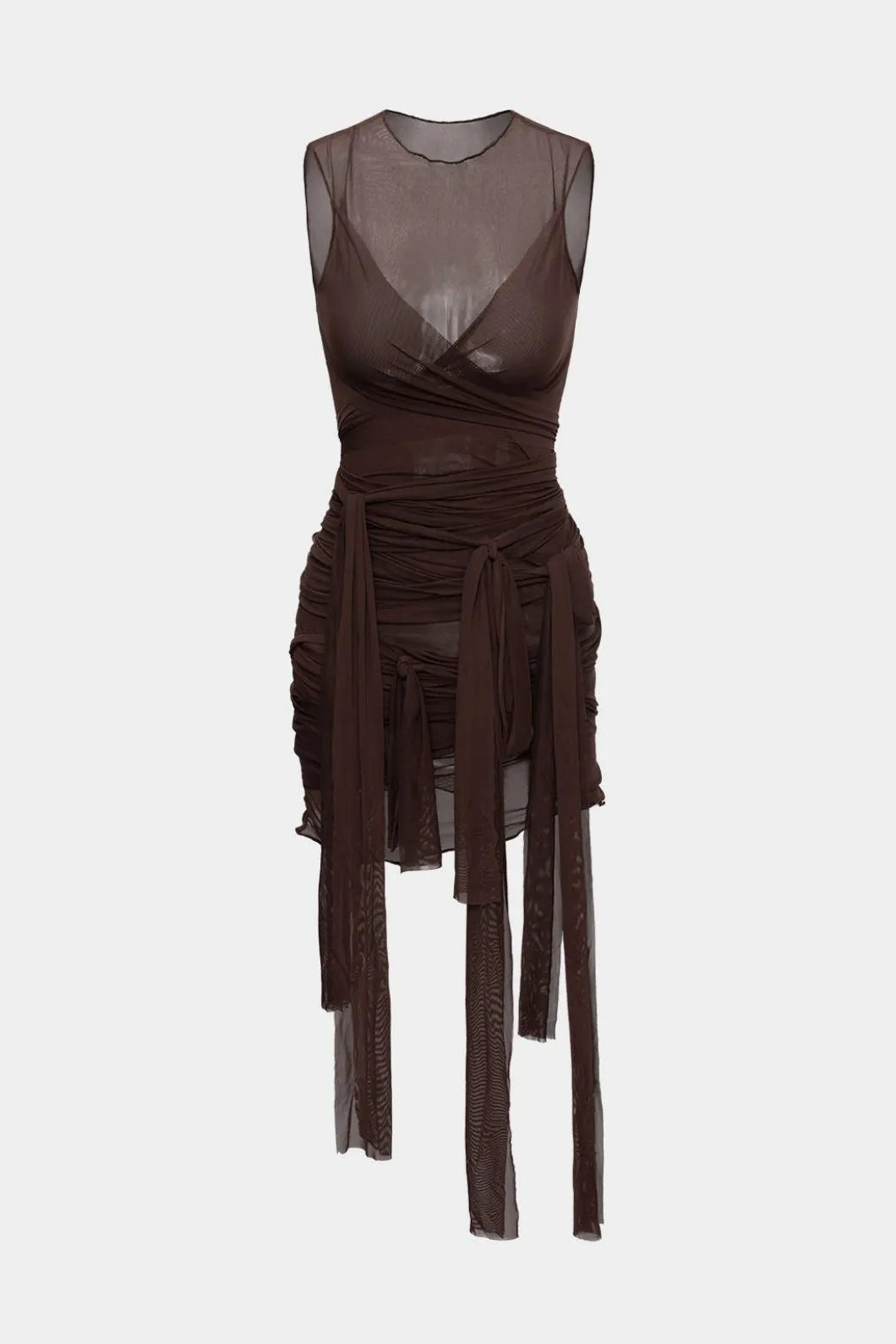 Sheer Mesh Wrap Tie Ribbon Mini Dress>MICAS Outlet