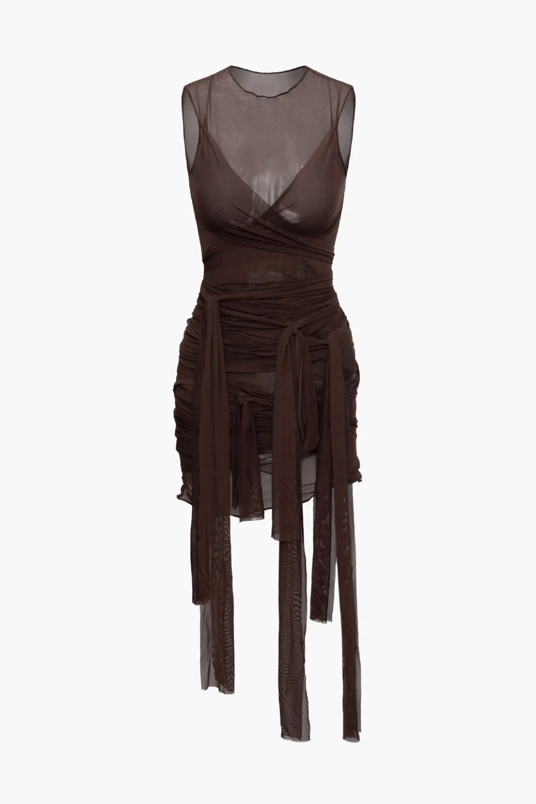 Sheer Mesh Wrap Tie Ribbon Mini Dress>MICAS Outlet