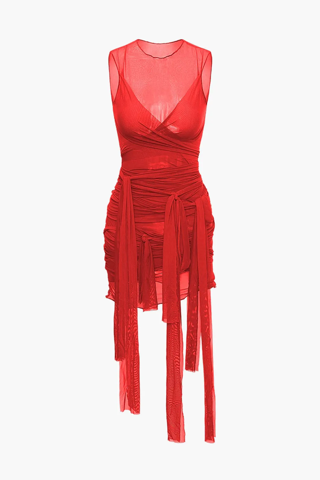 Sheer Mesh Wrap Tie Ribbon Mini Dress>MICAS Outlet