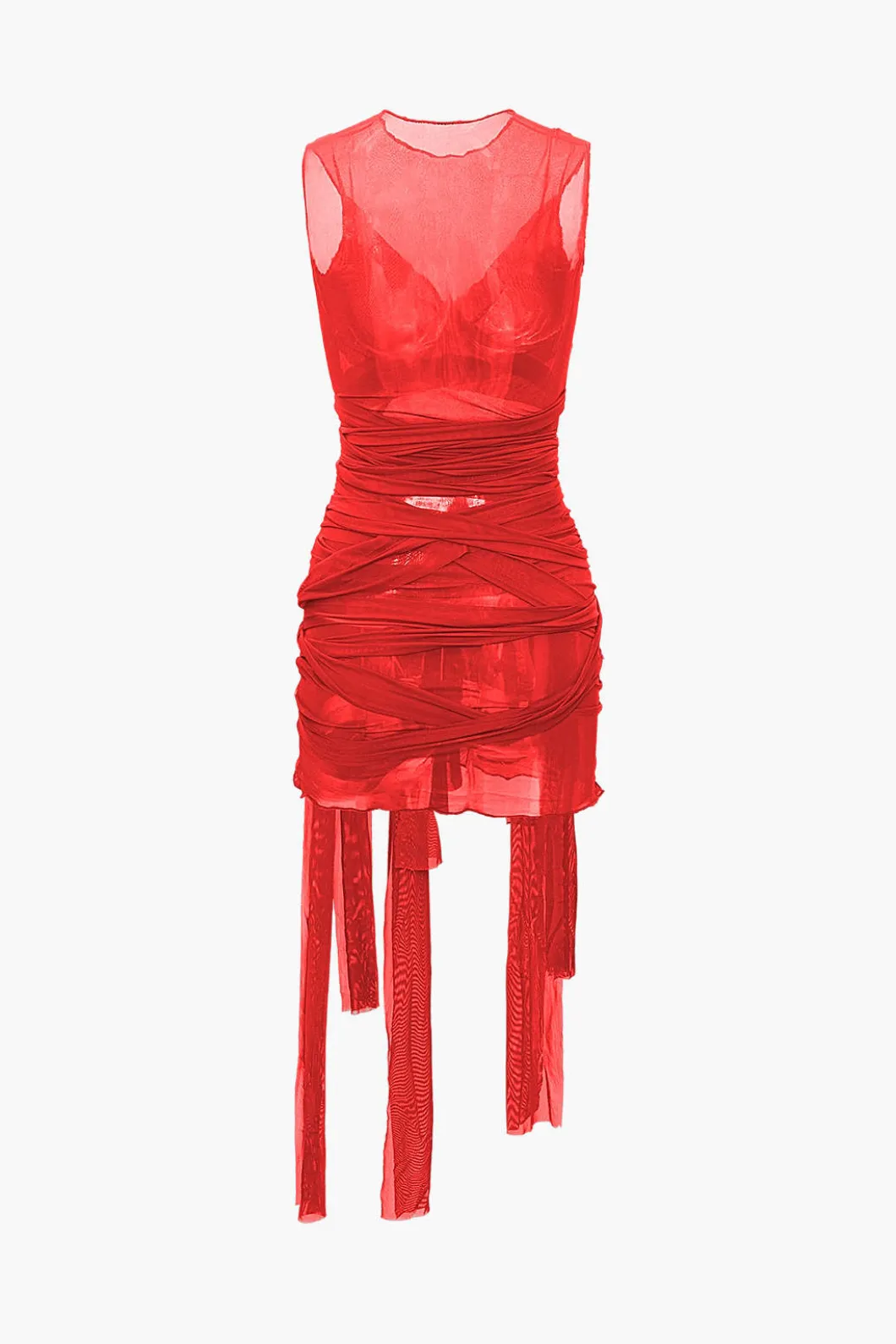 Sheer Mesh Wrap Tie Ribbon Mini Dress>MICAS Outlet