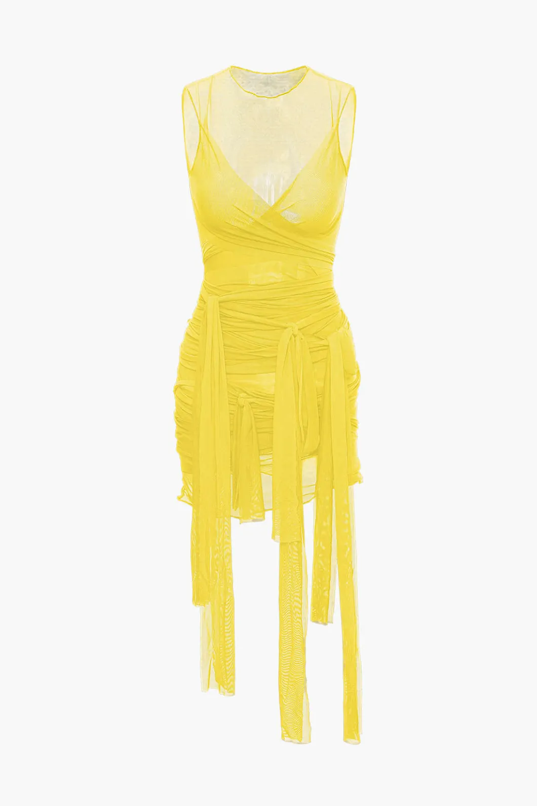 Sheer Mesh Wrap Tie Ribbon Mini Dress>MICAS Outlet