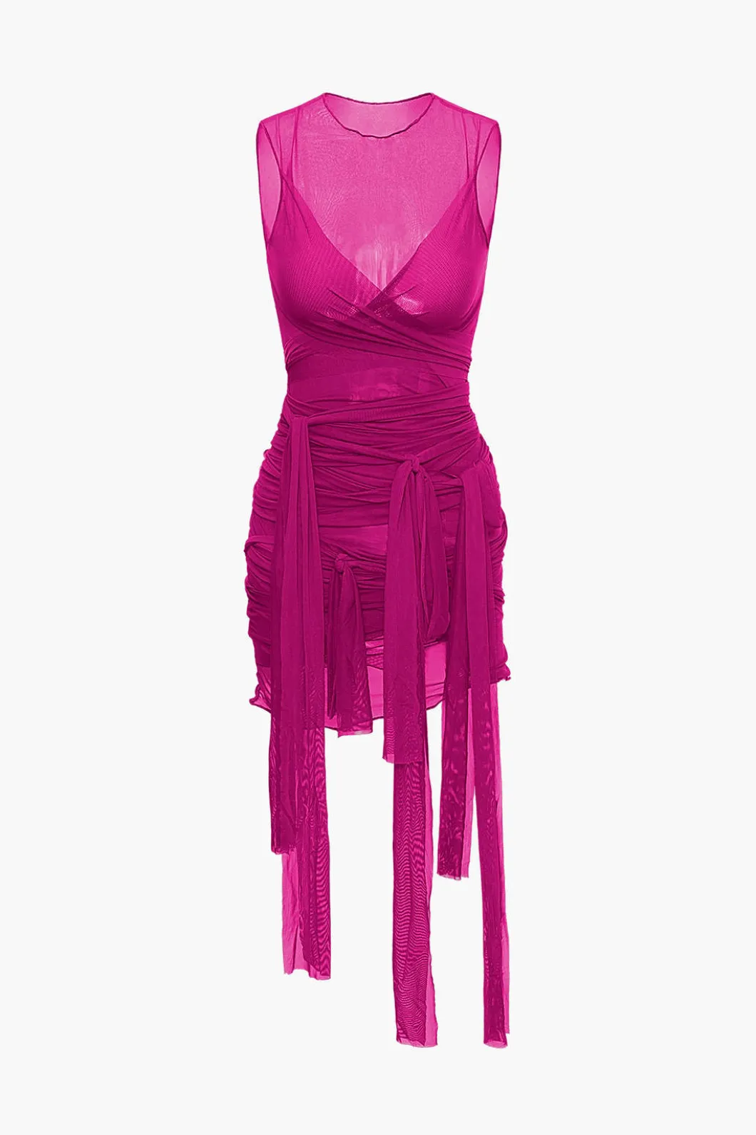 Sheer Mesh Wrap Tie Ribbon Mini Dress>MICAS Outlet