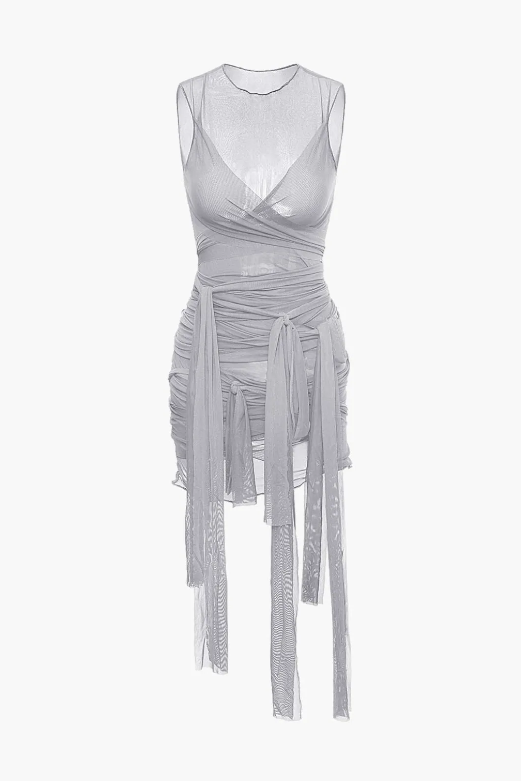 Sheer Mesh Wrap Tie Ribbon Mini Dress>MICAS Outlet