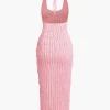 Sheer Ruffle Texture Halter Backless Maxi Dress>MICAS Discount