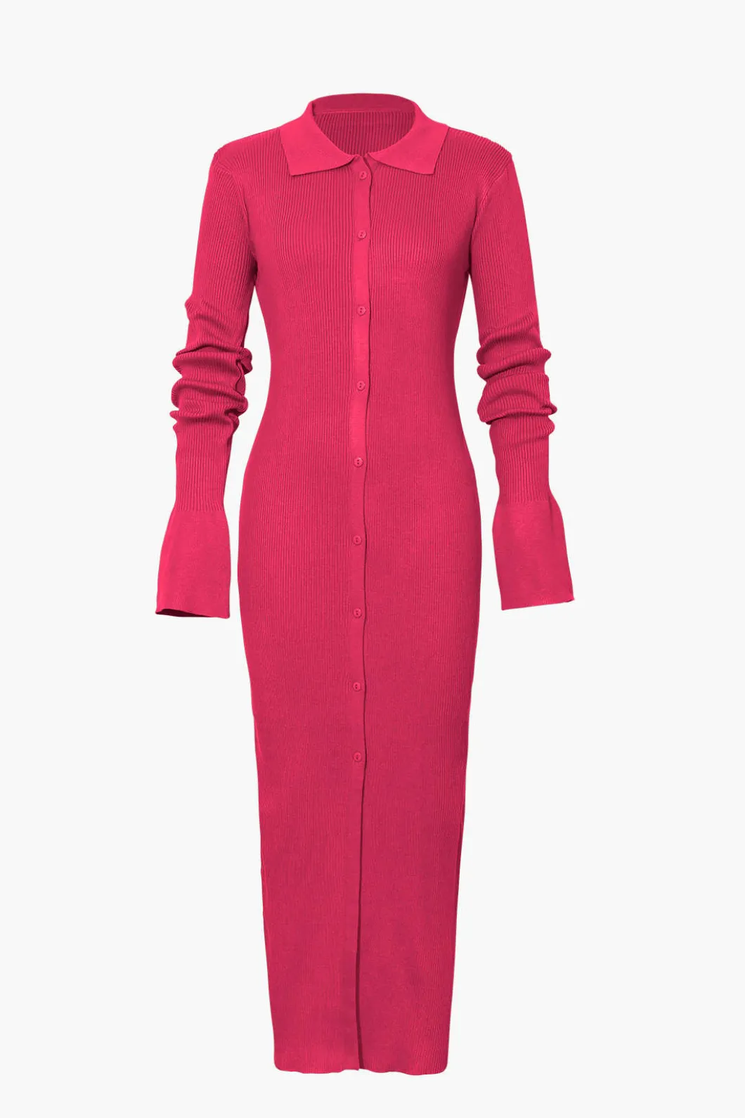 Shell Sleeve Ribbed Buttons Down Maxi Dress>MICAS Fashion