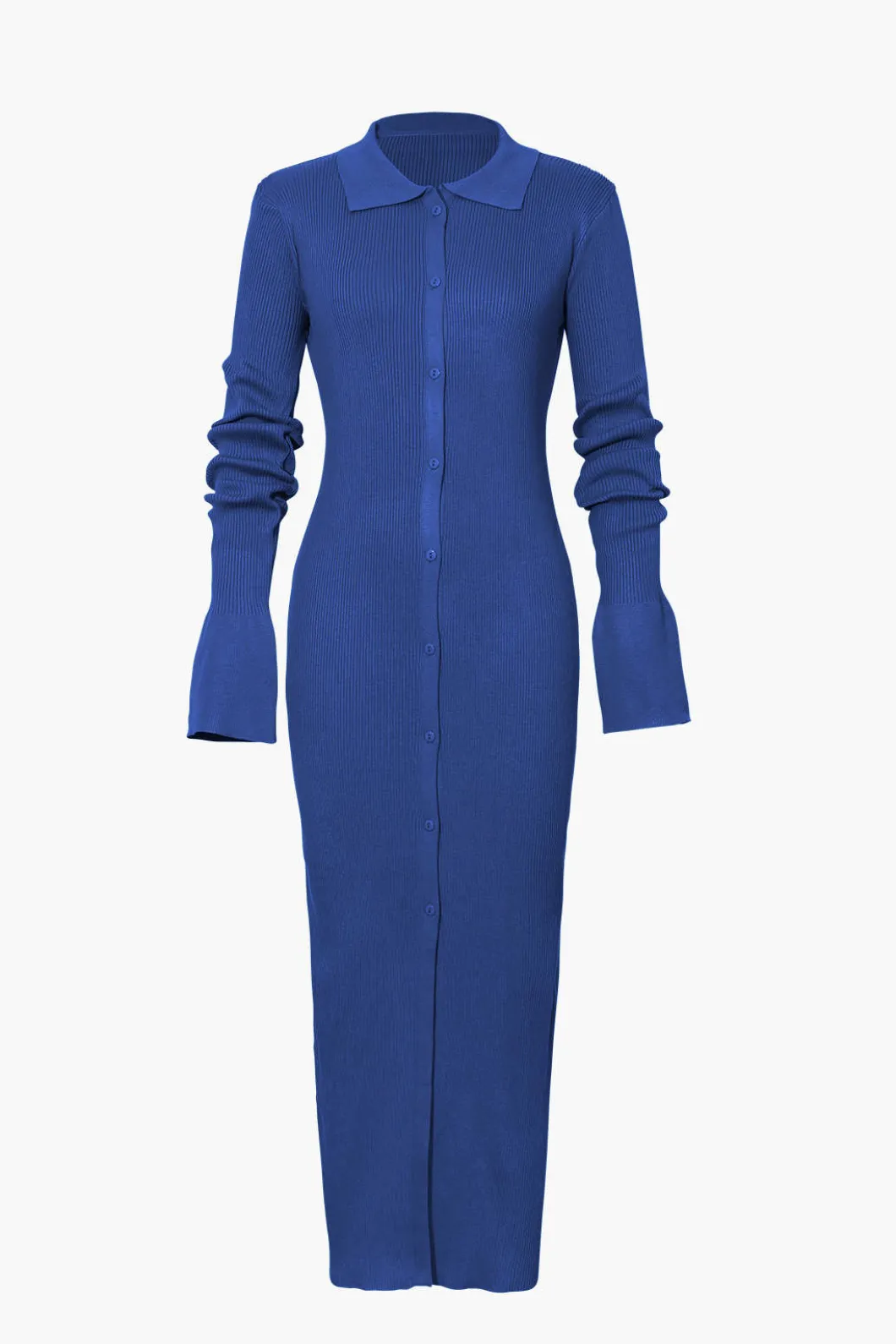 Shell Sleeve Ribbed Buttons Down Maxi Dress>MICAS Fashion