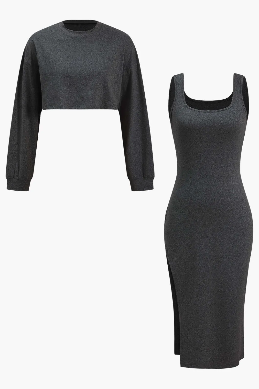 Side Slit Long Sleeve Midi Dress Set>MICAS Outlet