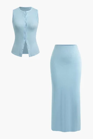 Sleeveless Cardigan And Skirt Set>MICAS Fashion