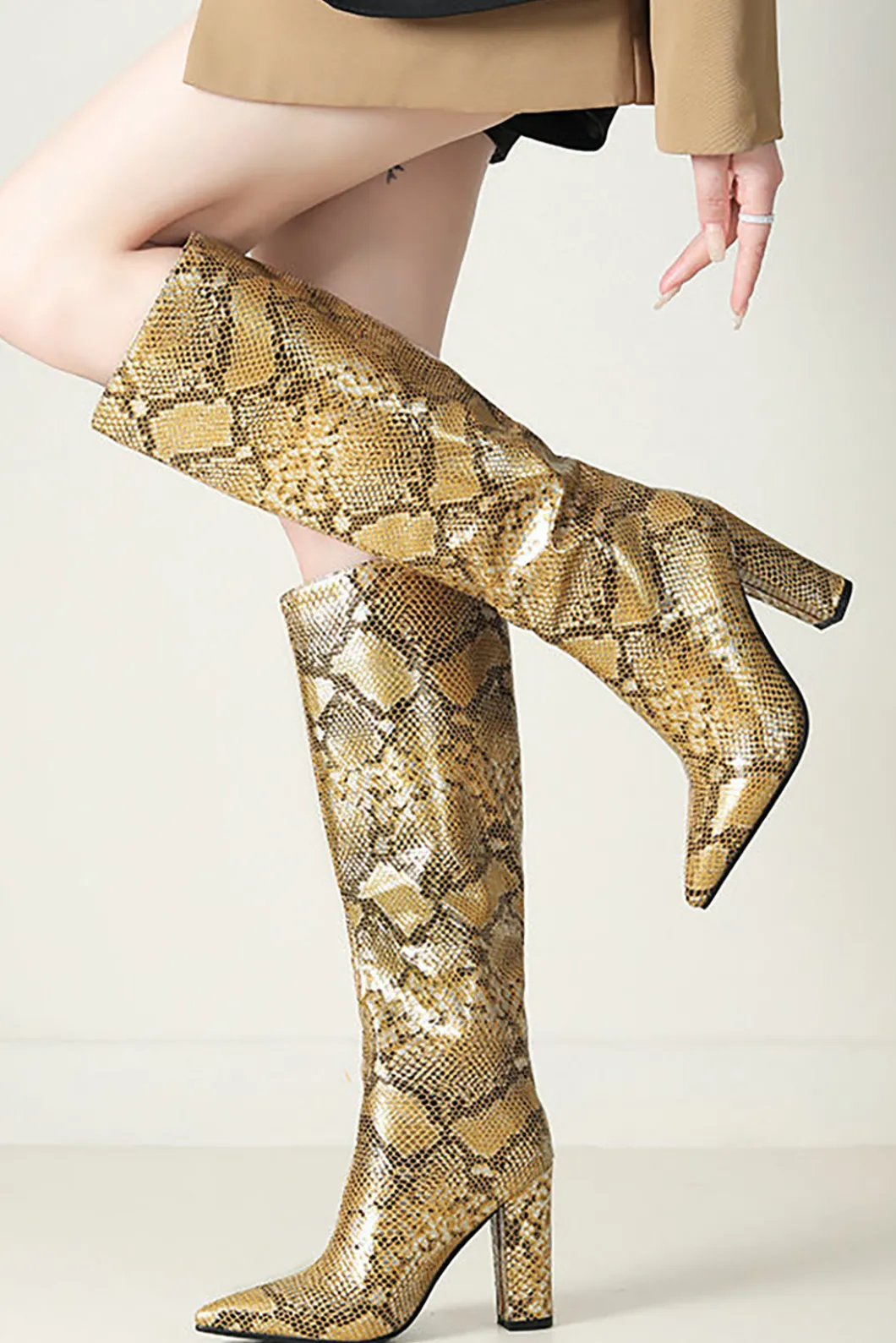 Snake Pattern Faux Leather Pointed Toe Knee High Boots>MICAS Sale