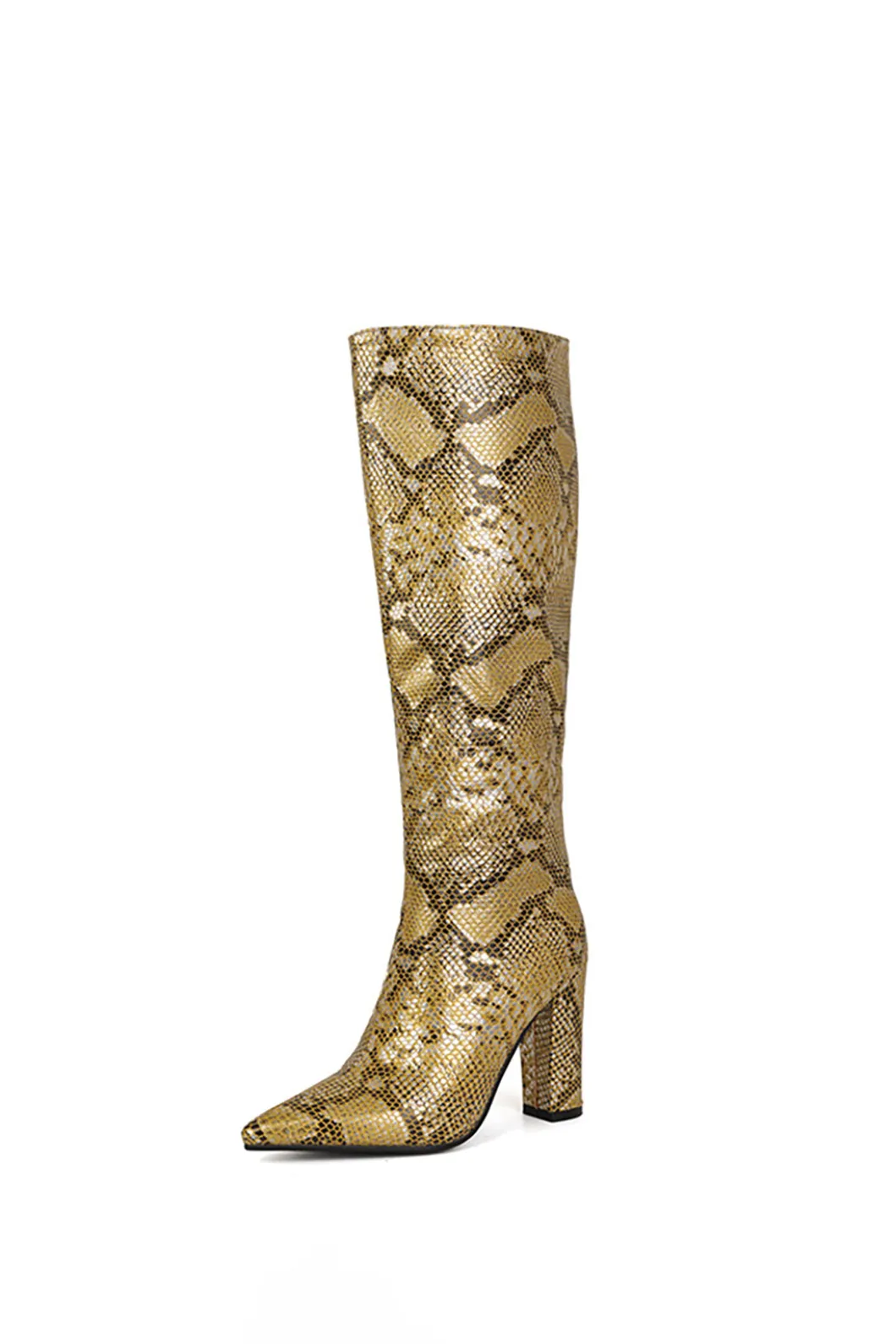 Snake Pattern Faux Leather Pointed Toe Knee High Boots>MICAS Sale