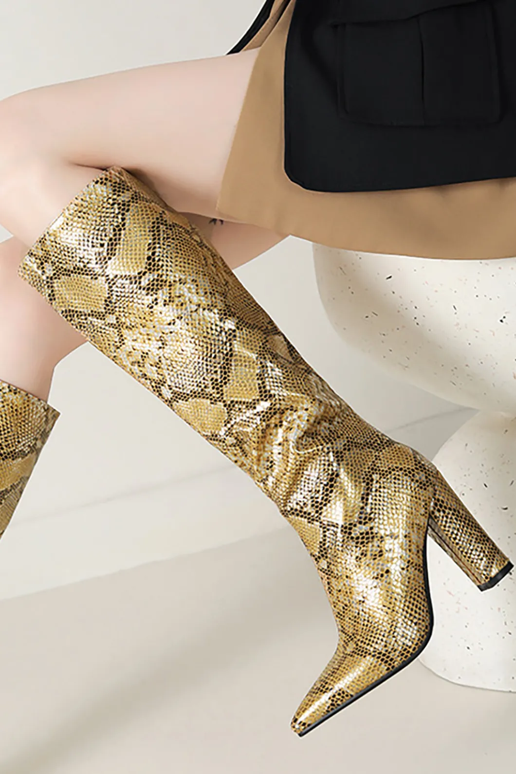 Snake Pattern Faux Leather Pointed Toe Knee High Boots>MICAS Sale