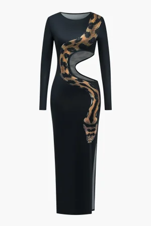 Snake Print Cut Out Long Sleeve Slit Maxi Dress>MICAS Sale