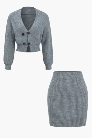 Solid Knit Button V-neck Top And Mini Skirt Set>MICAS Sale