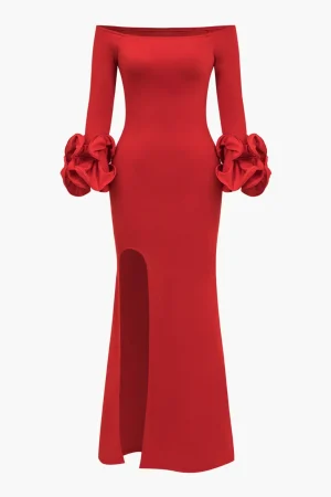 Solid Off Shoulder Side Slit Maxi Dress>MICAS New