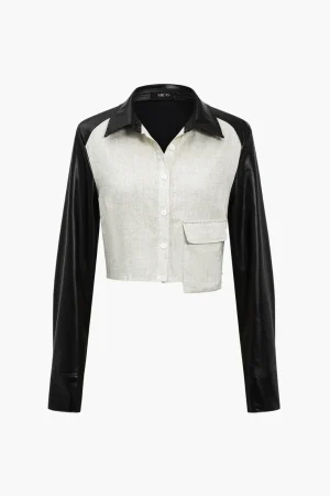 Solid Asymmetrical Faux Leather Patchwork Pocket Long-Sleeve Shirt>MICAS Outlet