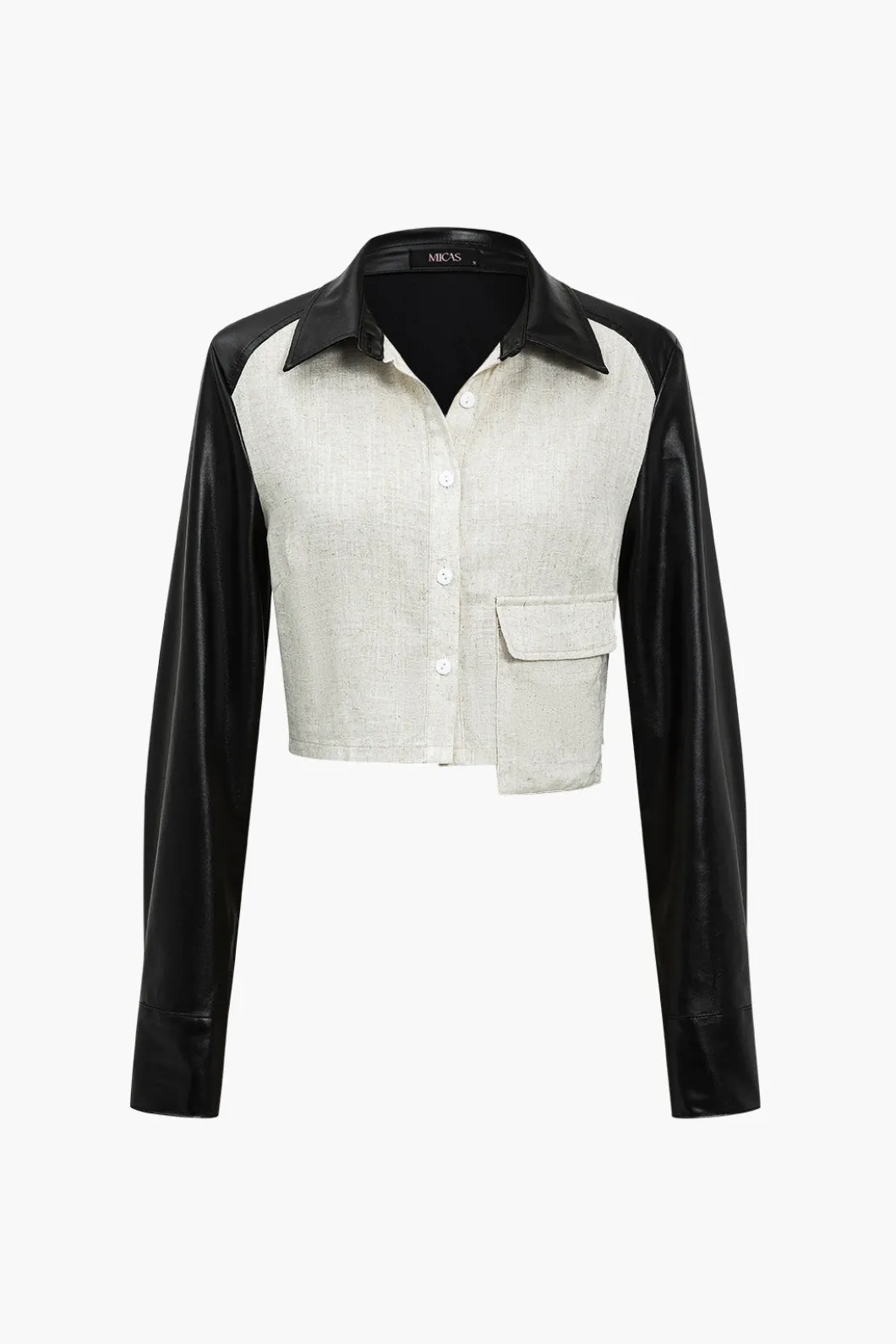 Solid Asymmetrical Faux Leather Patchwork Pocket Long-Sleeve Shirt>MICAS Outlet
