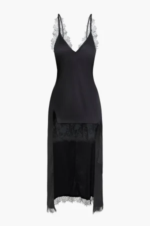 Solid Asymmetrical Lace V-Neck Maxi Dress>MICAS Outlet