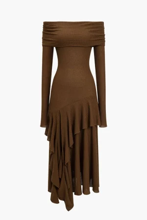 Solid Asymmetrical Off Shoulder Maxi Dress>MICAS New