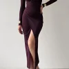 Solid Asymmetrical Ruched Slit Long-Sleeve Maxi Dress>MICAS Clearance
