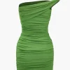 Solid Asymmetrical Ruched Mini Dress>MICAS Best