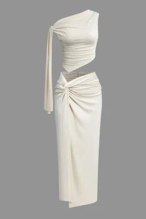 Solid Asymmetrical Top And Twist Slit Skirt Set>MICAS Online