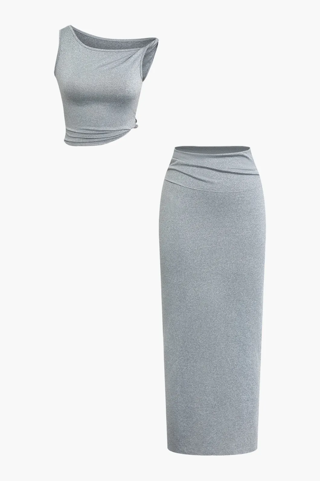 Solid Asymmetrical Twist Knot Top And Midi Skirt Set>MICAS Hot