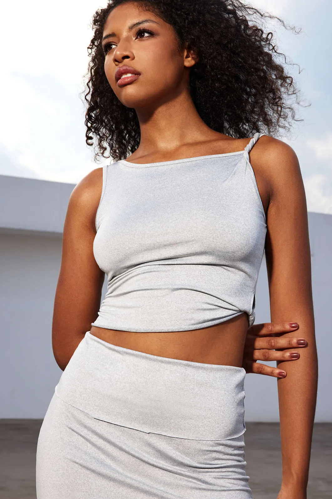 Solid Asymmetrical Twist Knot Top And Midi Skirt Set>MICAS Hot