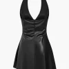 Solid Backless Halter Faux Leather Mini Dress>MICAS Sale