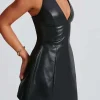 Solid Backless Halter Faux Leather Mini Dress>MICAS Sale