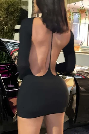 Solid Backless Long Sleeve Mini Dress>MICAS Clearance