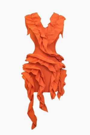 Solid Backless Pleated Ruffle Midi Dress>MICAS Discount