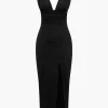 Solid Backless Ruched Slit Midi Dress>MICAS Outlet