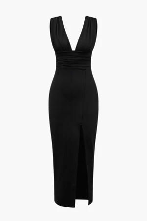Solid Backless Ruched Slit Midi Dress>MICAS Outlet