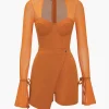 Solid Bell Sleeves Contrast Mesh Bustier Zipper Romper>MICAS Clearance