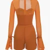 Solid Bell Sleeves Contrast Mesh Bustier Zipper Romper>MICAS Clearance
