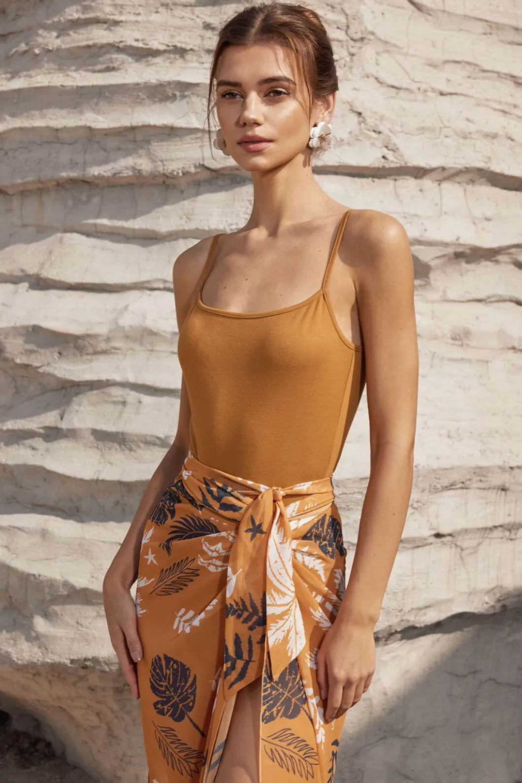Solid Bodysuit And Leaves Print Knot Wrap Skirt Set>MICAS Hot