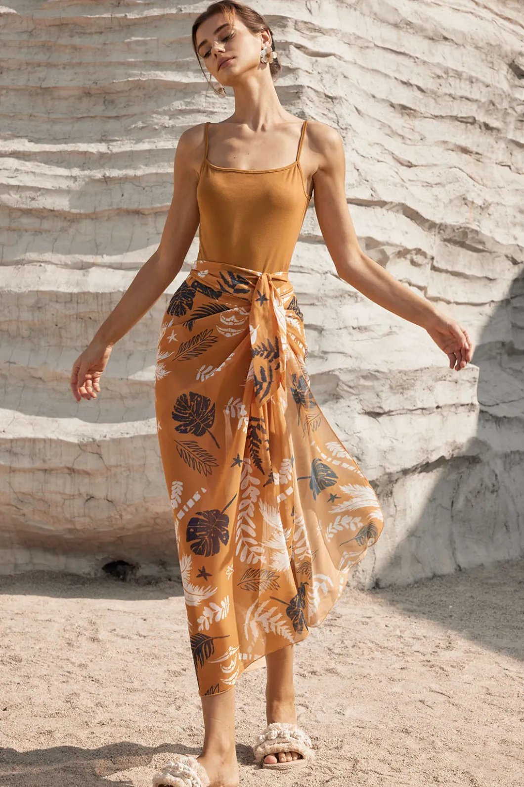 Solid Bodysuit And Leaves Print Knot Wrap Skirt Set>MICAS Hot