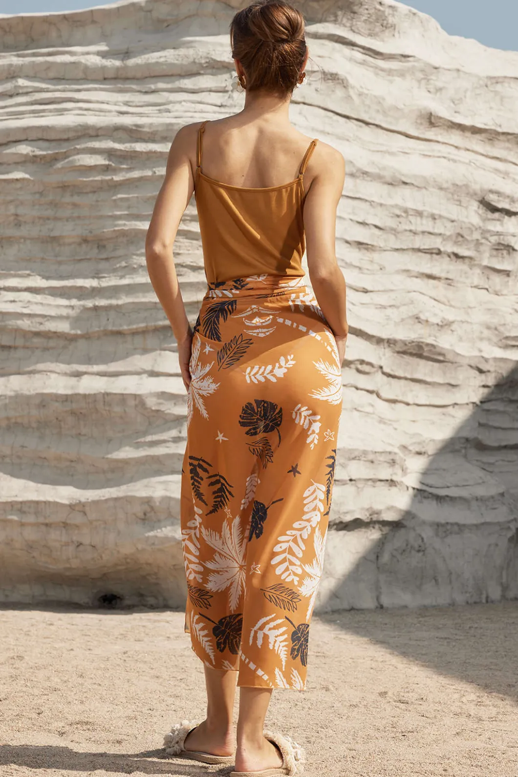 Solid Bodysuit And Leaves Print Knot Wrap Skirt Set>MICAS Hot