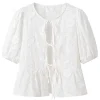 Solid Bow Embroidery Tie-Up Short-Sleeve Shirt>MICAS Hot