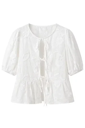 Solid Bow Embroidery Tie-Up Short-Sleeve Shirt>MICAS Hot