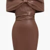 Solid Bow Faux Leather Off Shoulder Mini Dress>MICAS Online
