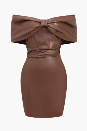 Solid Bow Faux Leather Off Shoulder Mini Dress>MICAS Online